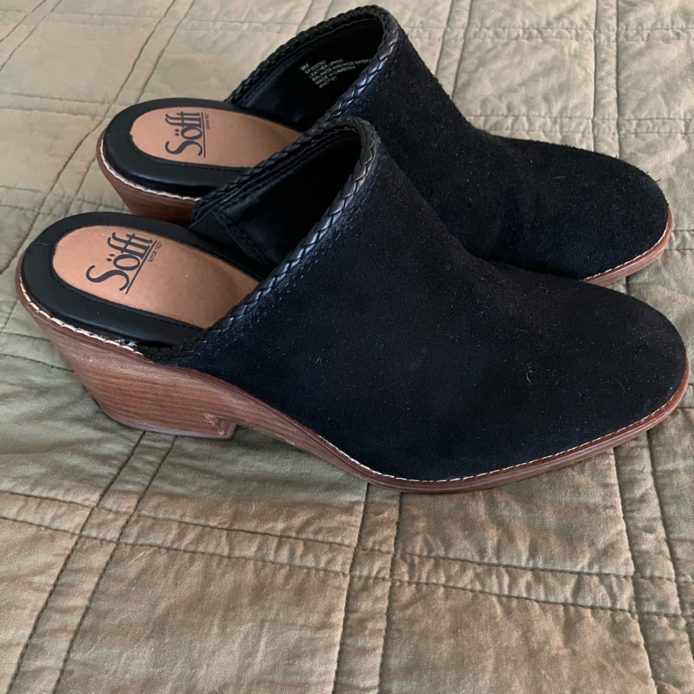 Sofft Black Suede Mules with Brown Heel